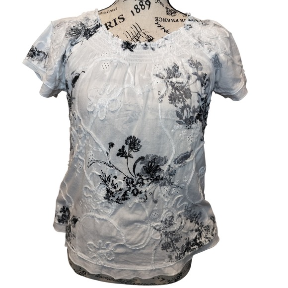Laura Scott Tops - Laura Scott Petite Womens Petite S White Black Floral Eyelet Smocked Blouse‎ Top